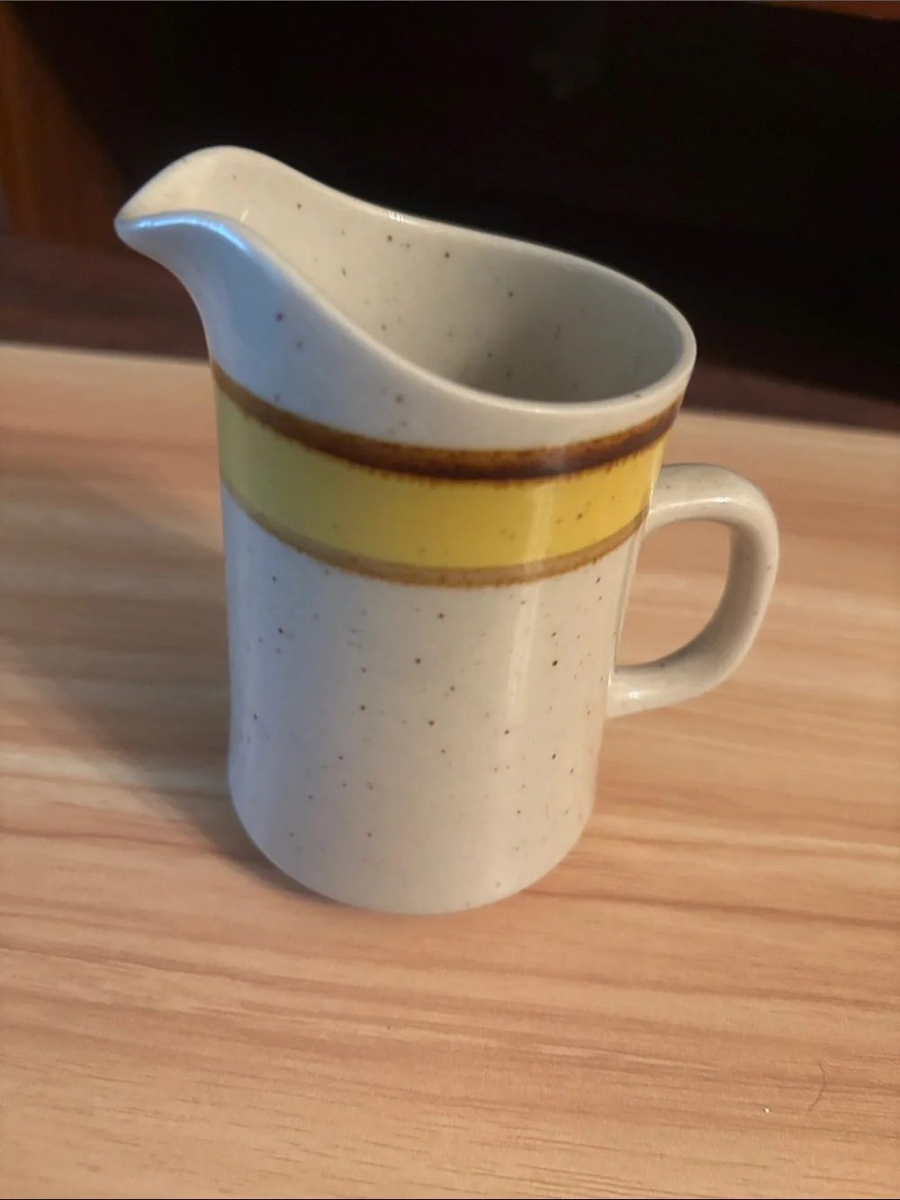 Rainbow Ceramic Creamer with Yellow Band and Brown Rim